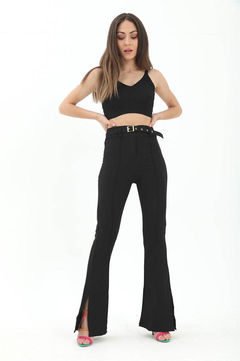 Women's Belted Side Slit Spanish Leg Atlas Fabric Trousers - Black - STREETMODE ™