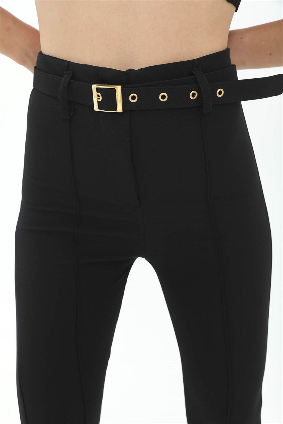 Women's Belted Side Slit Spanish Leg Atlas Fabric Trousers - Black - STREETMODE ™