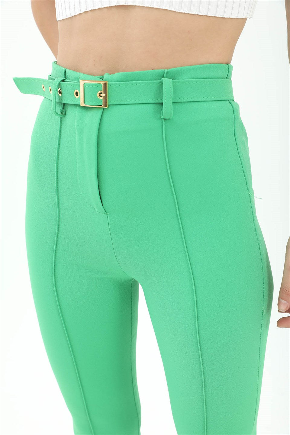 Women's Belted Side Slit Spanish Leg Atlas Fabric Trousers - Green - STREET MODE ™