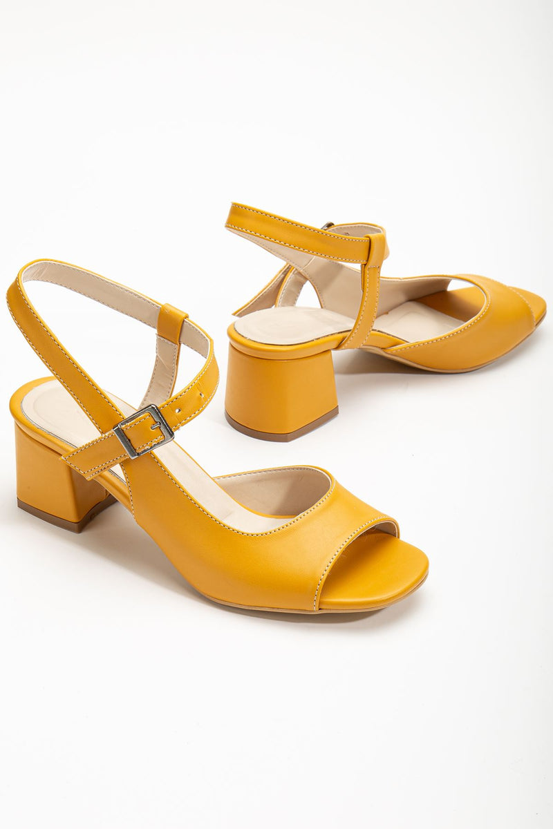 Keri Heeled Mustard Skin Blunt Toe Women's Shoes - STREETMODE ™
