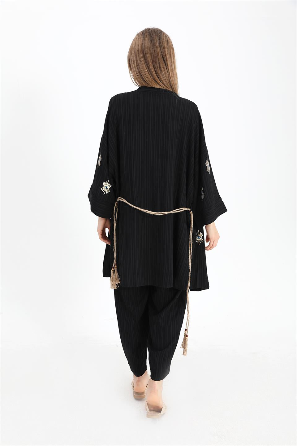 Women's Linen Kimono Suit With Eye Embroidery - Black - STREETMODE ™