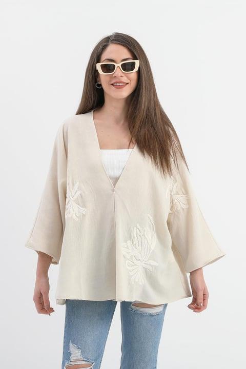 Women's Linen Sequined Sequined Embroidered Kimono - Beige - STREETMODE ™