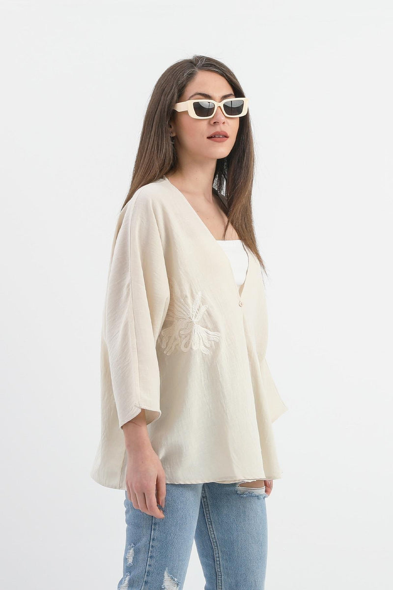 Women's Linen Sequined Sequined Embroidered Kimono - Beige - STREETMODE ™