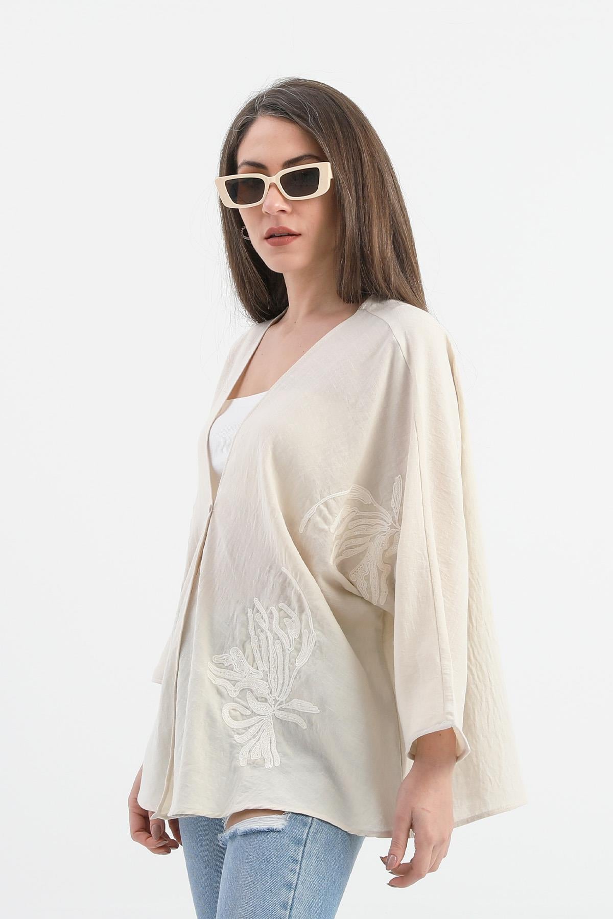 Women's Linen Sequined Sequined Embroidered Kimono - Beige - STREETMODE ™