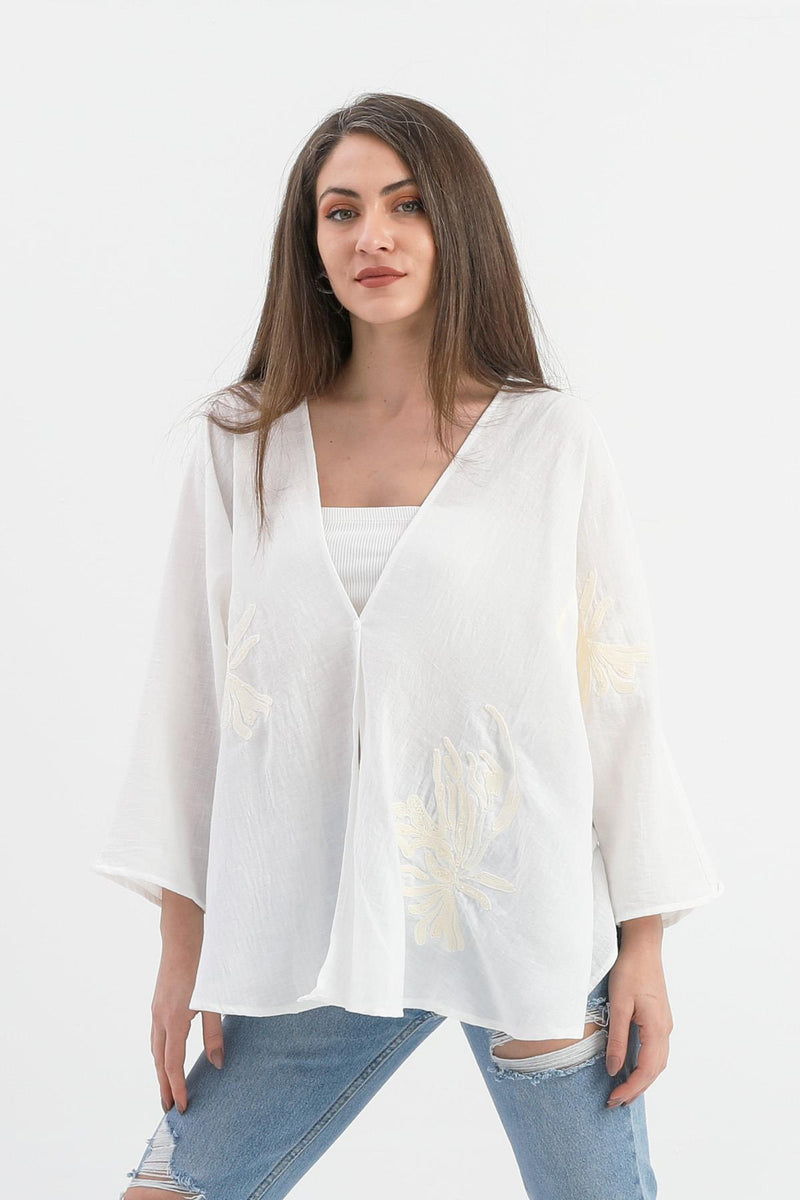 Women's Linen Sequined Sequined Embroidered Kimono - Ecru - STREETMODE ™