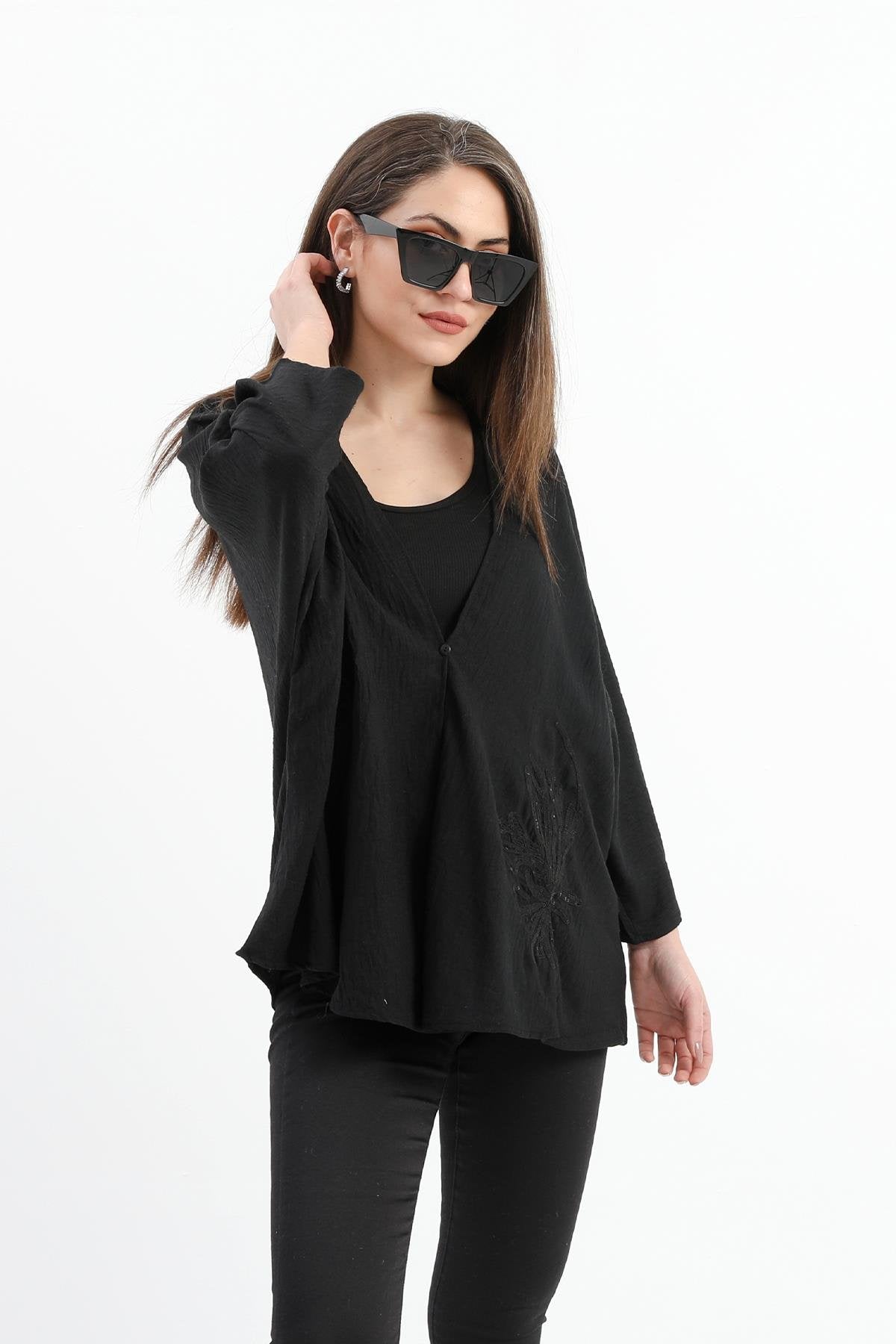 Women's Linen Sequined Sequined Embroidered Kimono - Black - STREETMODE ™