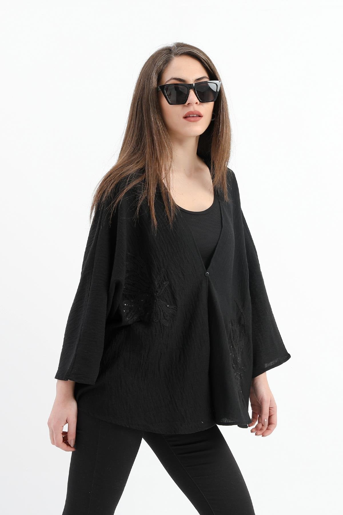 Women's Linen Sequined Sequined Embroidered Kimono - Black - STREETMODE ™