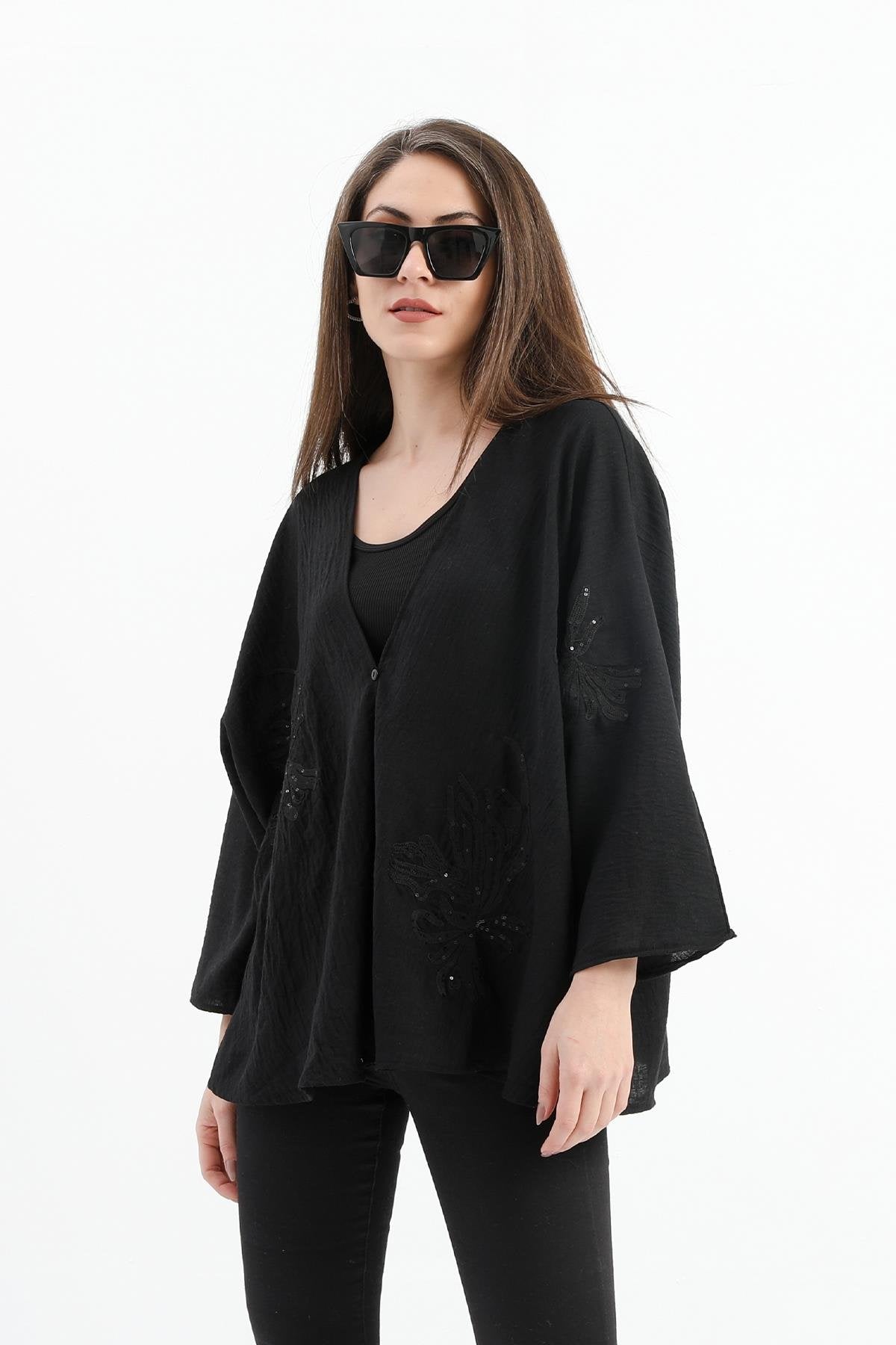 Women's Linen Sequined Sequined Embroidered Kimono - Black - STREETMODE ™