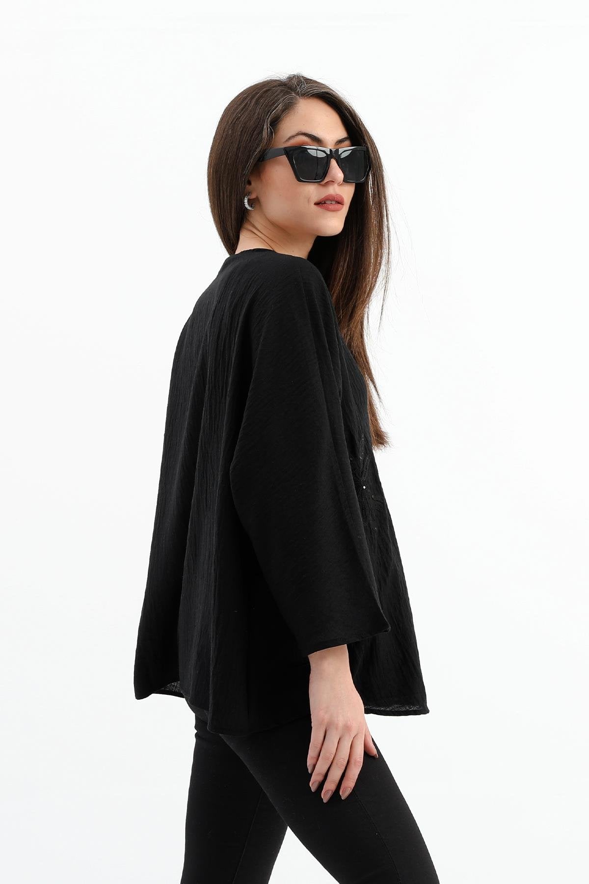 Women's Linen Sequined Sequined Embroidered Kimono - Black - STREETMODE ™