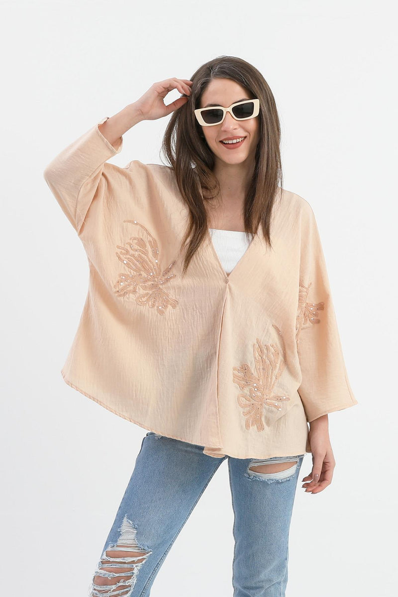 Women's Linen Sequin Sequined Embroidered Kimono - YavruAğzi - STREETMODE ™