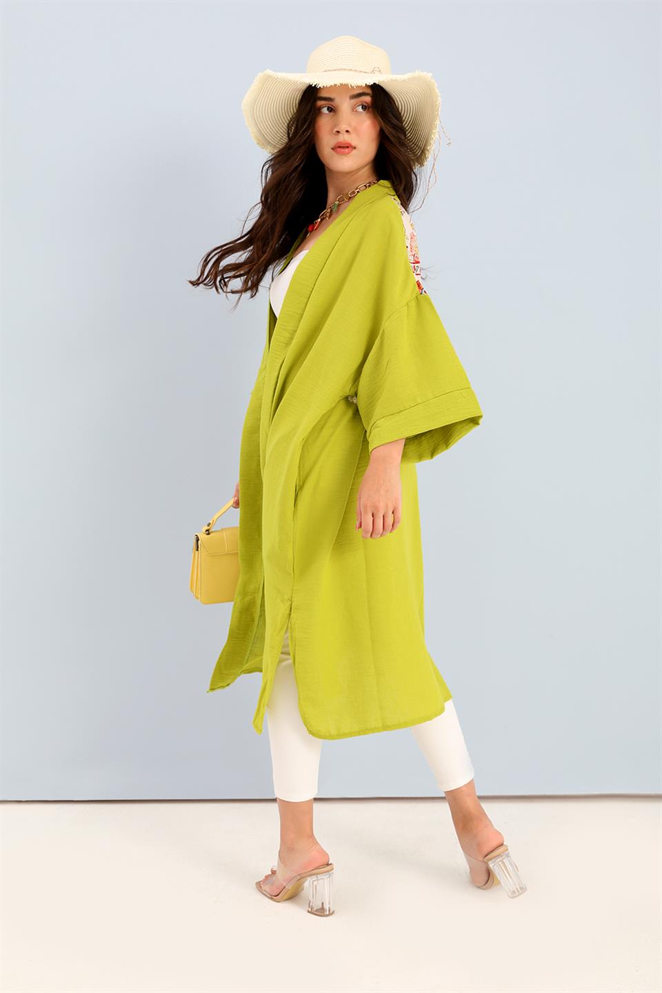 Women's Kimono Back Printed Fringed Linen - Light Green - STREETMODE ™
