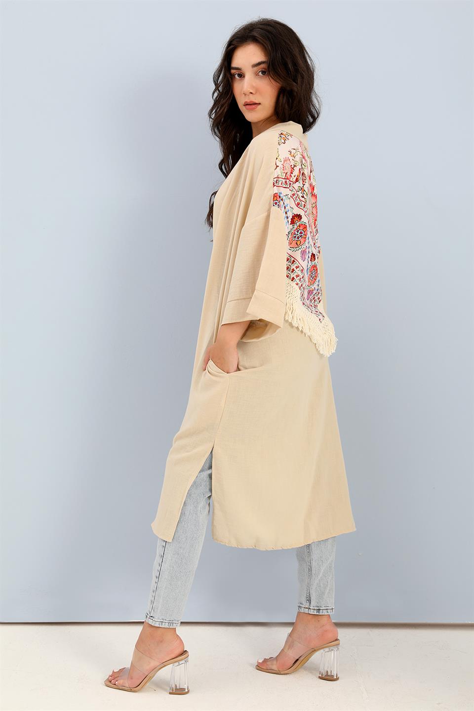 Women's Kimono Back Printed Fringed Linen - Beige - STREETMODE ™