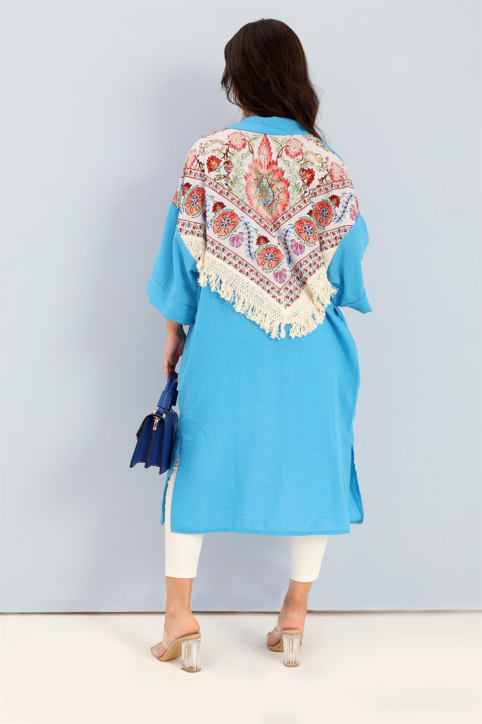 Women's Kimono Back Printed Fringed Linen - Blue - STREETMODE ™