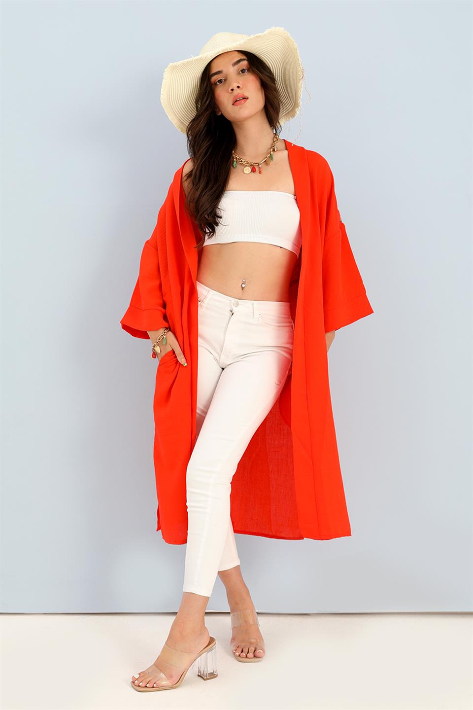 Women's Kimono Back Printed Fringed Linen - Orange - STREETMODE ™