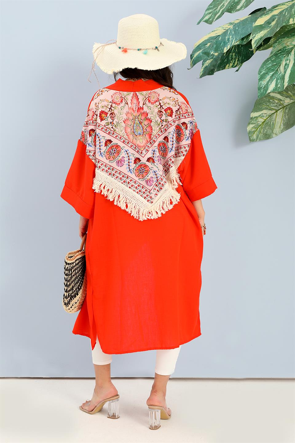 Women's Kimono Back Printed Fringed Linen - Orange - STREETMODE ™