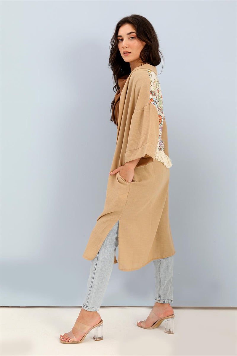 Women's Kimono Back Printed Fringed Linen - Mink - STREETMODE ™