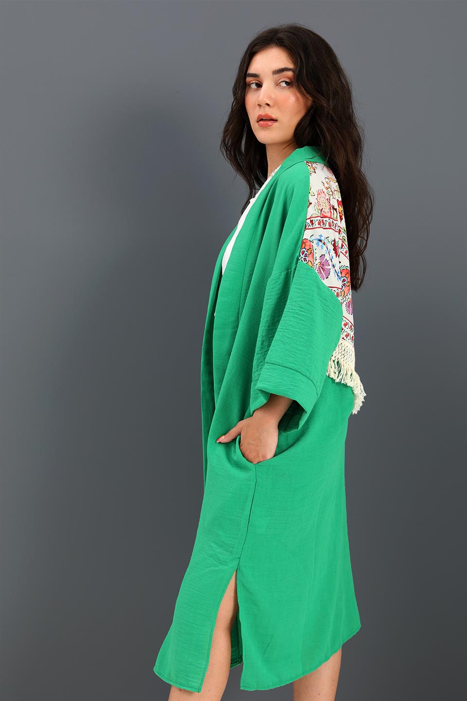 Women's Kimono Back Printed Fringed Linen - Green - STREETMODE ™