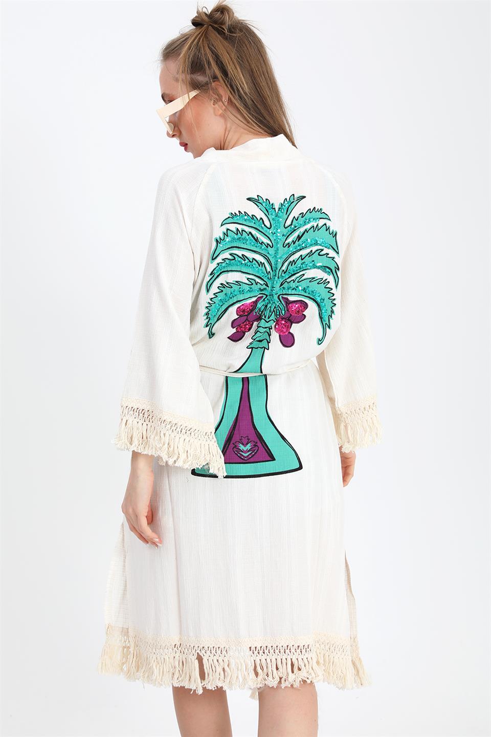 Women's Kimono with Palm Printed Tassels - Ecru - STREETMODE ™