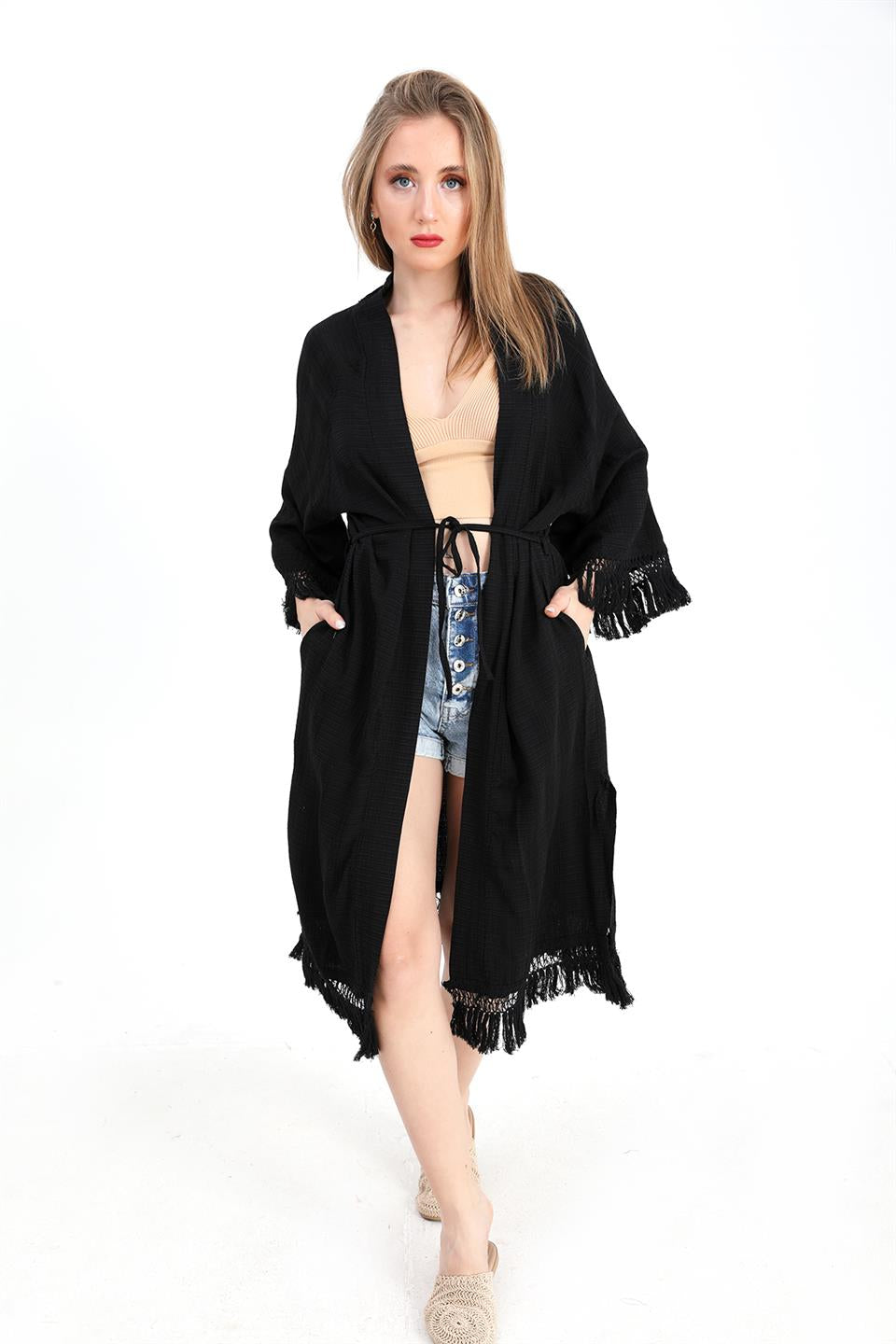 Women's Kimono with Palm Printed Tassels - Black - STREETMODE ™