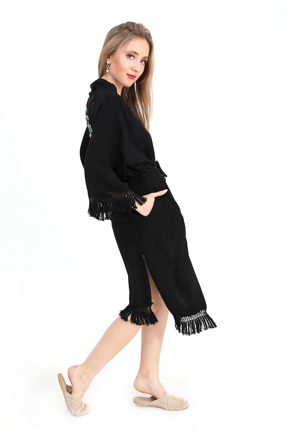 Women's Kimono with Palm Printed Tassels - Black - STREETMODE ™