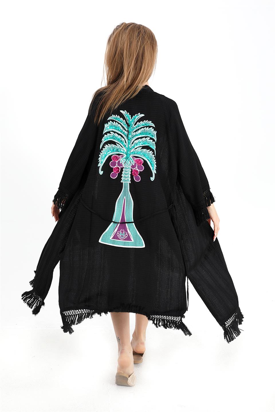 Women's Kimono with Palm Printed Tassels - Black - STREETMODE ™