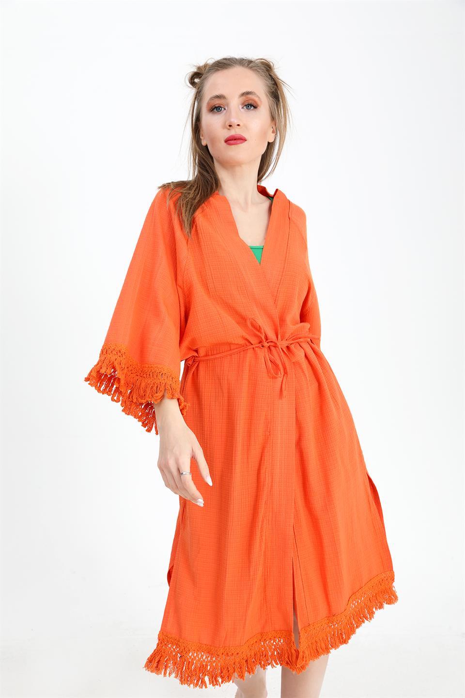 Women's Kimono Palm Printed Tassels - Orange - STREETMODE ™