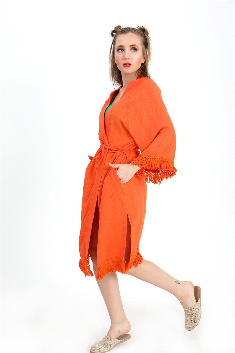 Women's Kimono Palm Printed Tassels - Orange - STREETMODE ™