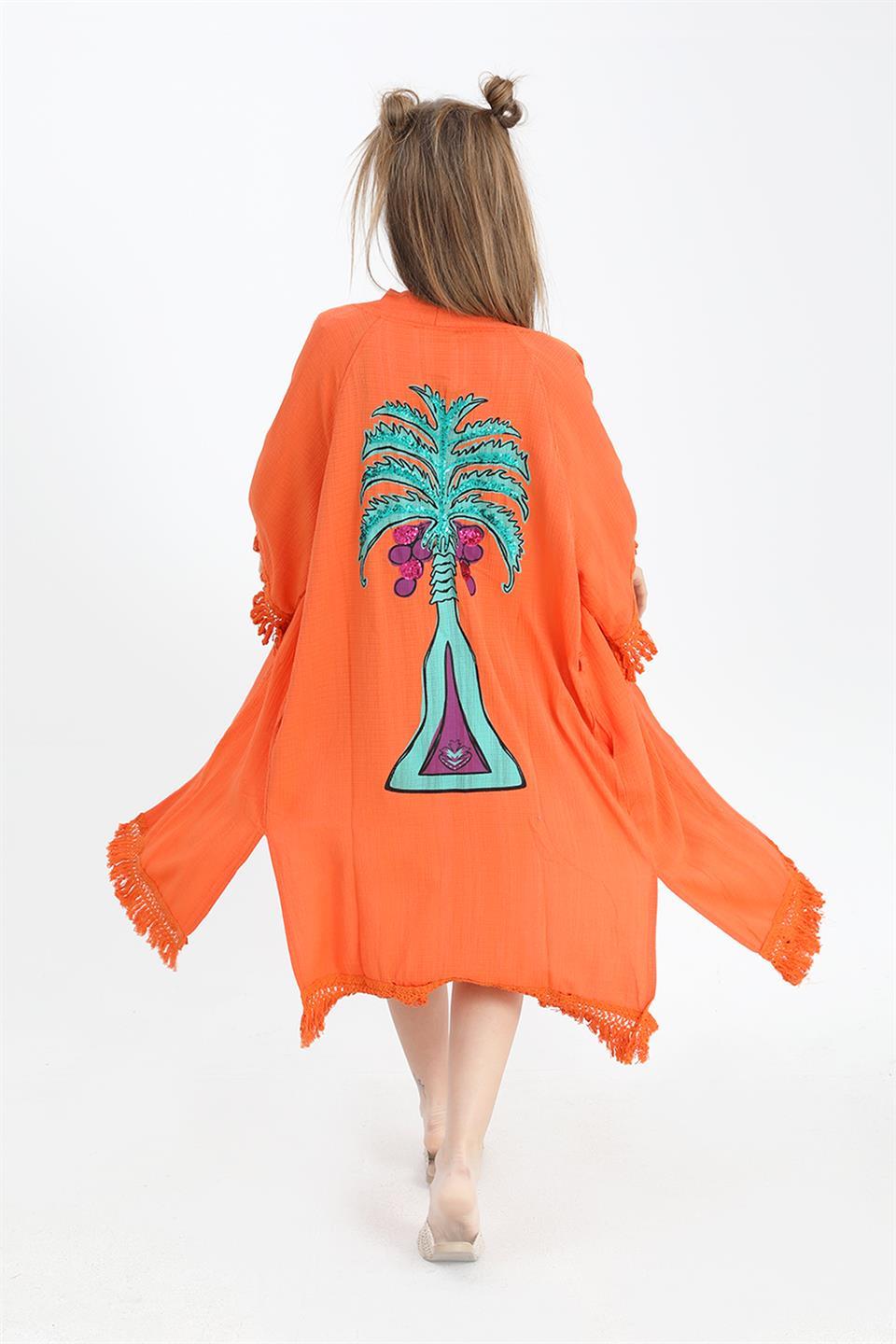 Women's Kimono Palm Printed Tassels - Orange - STREETMODE ™