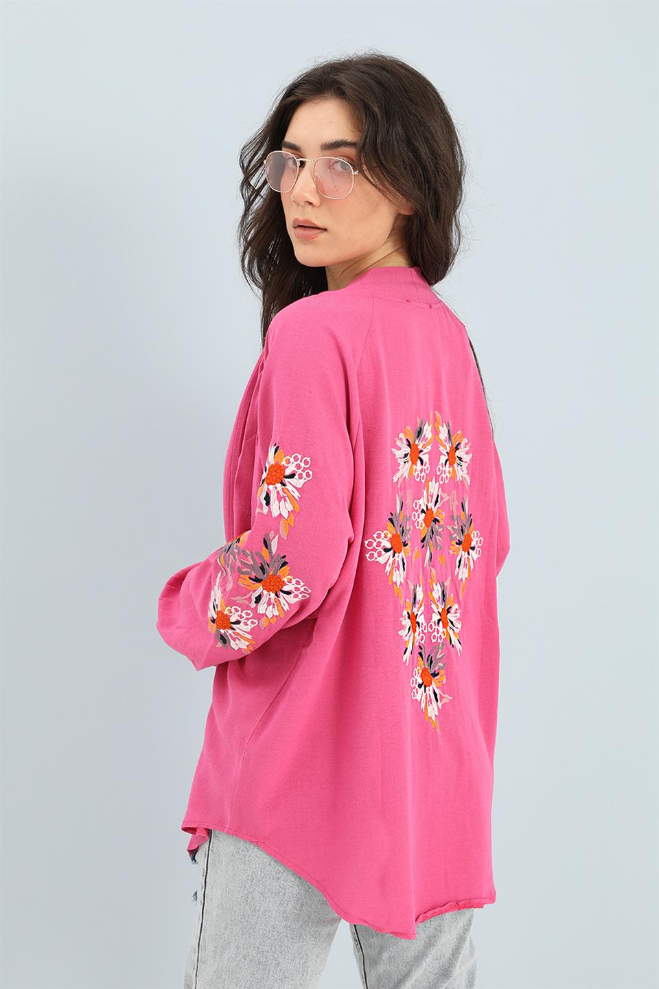 Women's Kimono Raglan Sleeve Embroidered Linen - Fuchsia - STREETMODE ™
