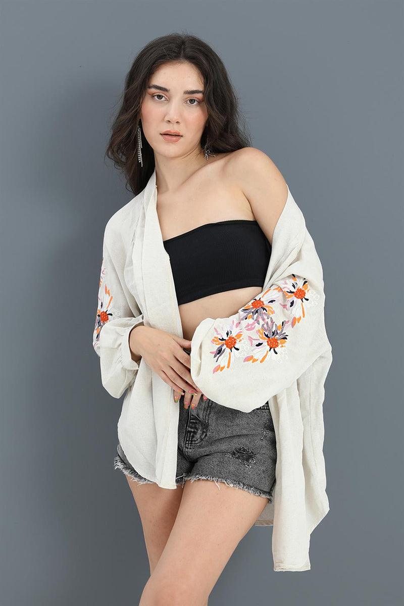 Women's Kimono Raglan Sleeve Embroidered Linen - Stone - STREETMODE ™