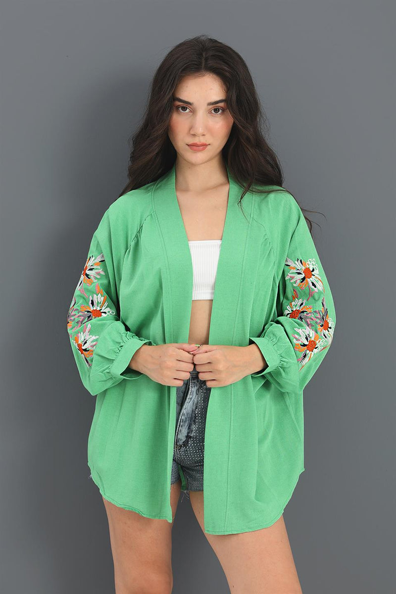 Women's Kimono Raglan Sleeve Embroidered Linen - Green - STREETMODE ™