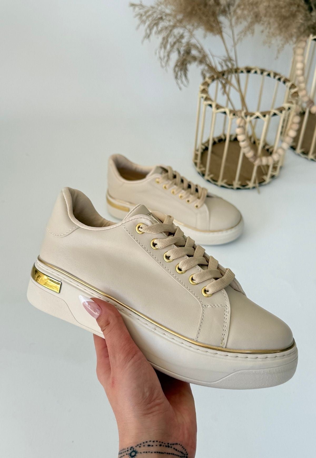 Women's Beige Leather Lace-Up Sneakers