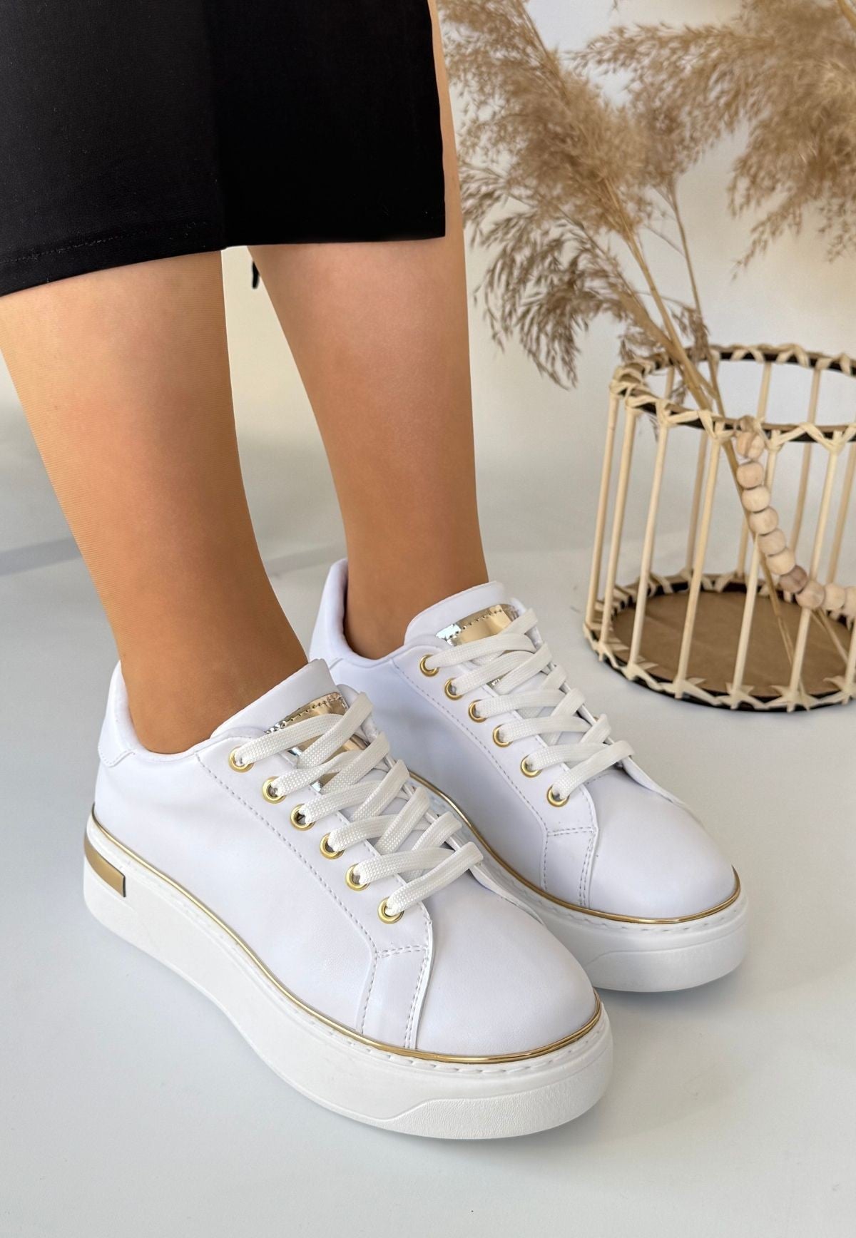 Women's White Leather Lace-Up Sneakers