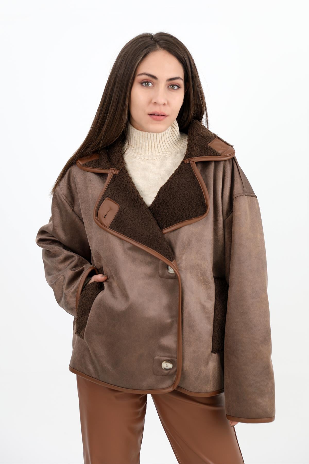 Women's Curly Pocket Leather Button Jacket - Brown - STREETMODE ™