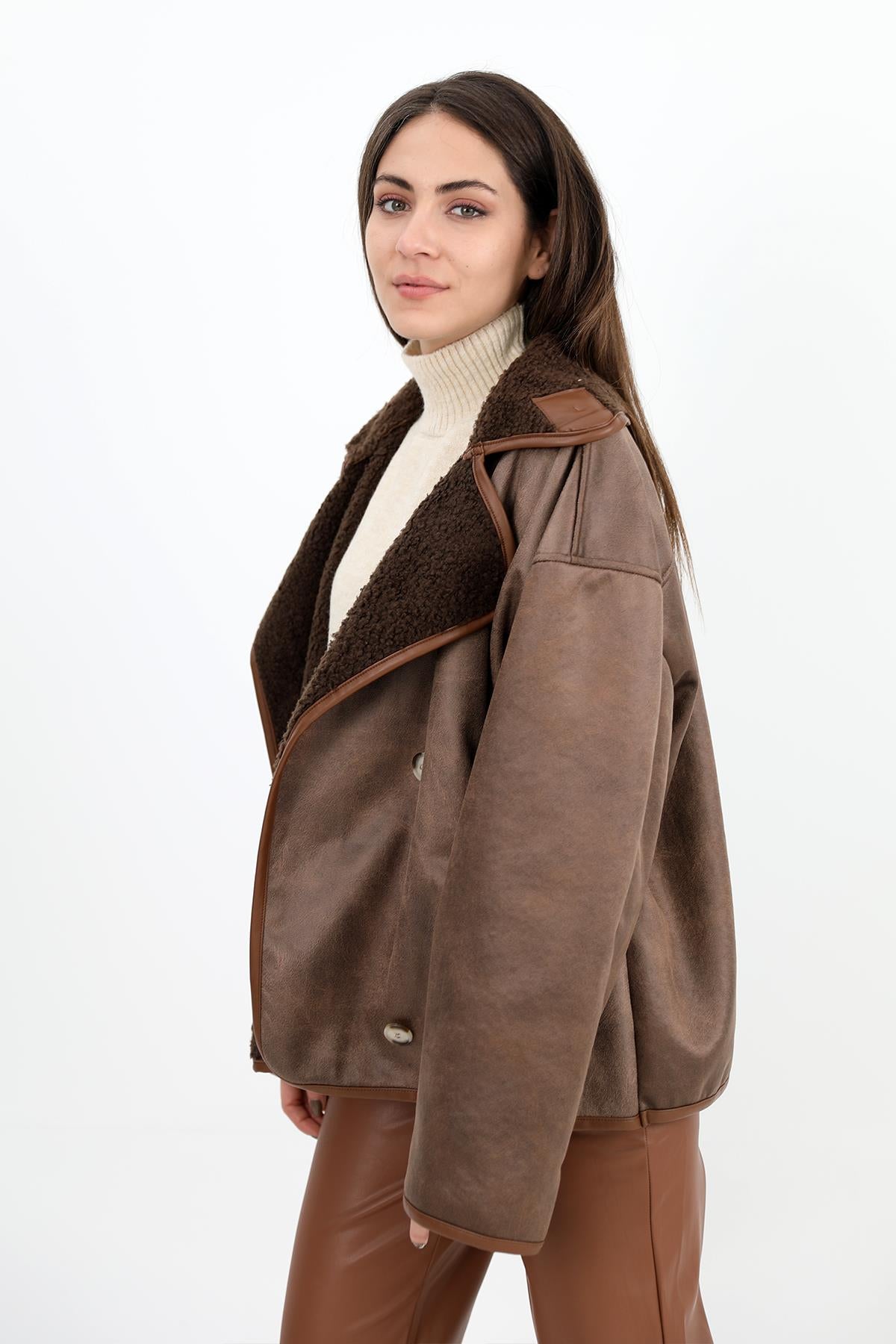 Women's Curly Pocket Leather Button Jacket - Brown - STREETMODE ™