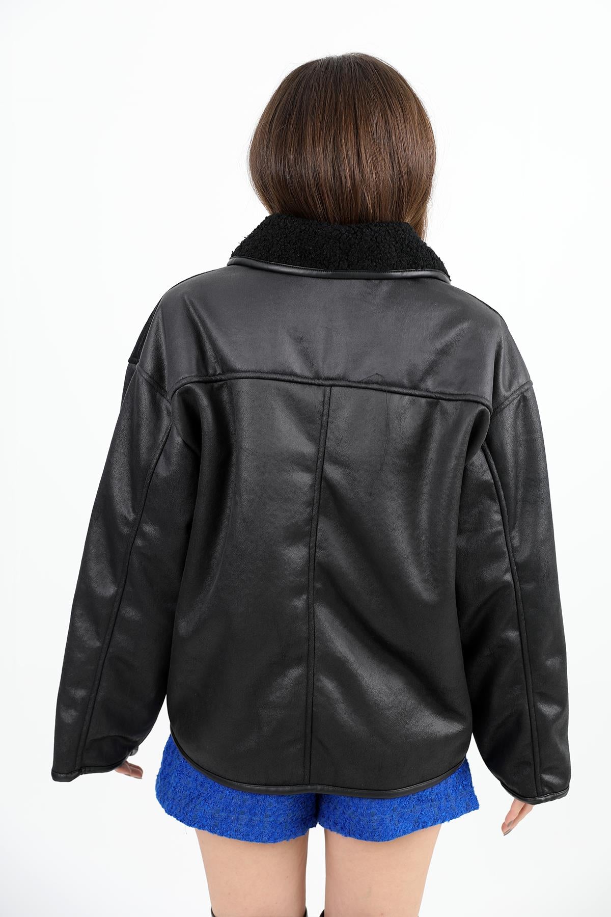 Women's Curly Pocket Leather Button Jacket - Black - STREETMODE ™