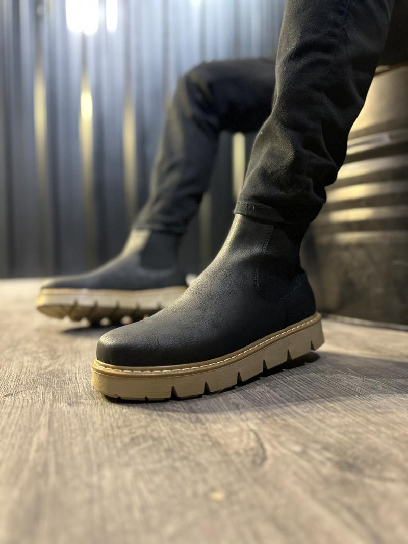 Men's High Sole Chelsea Boots 112 Black (Beige Sole) - STREETMODE ™