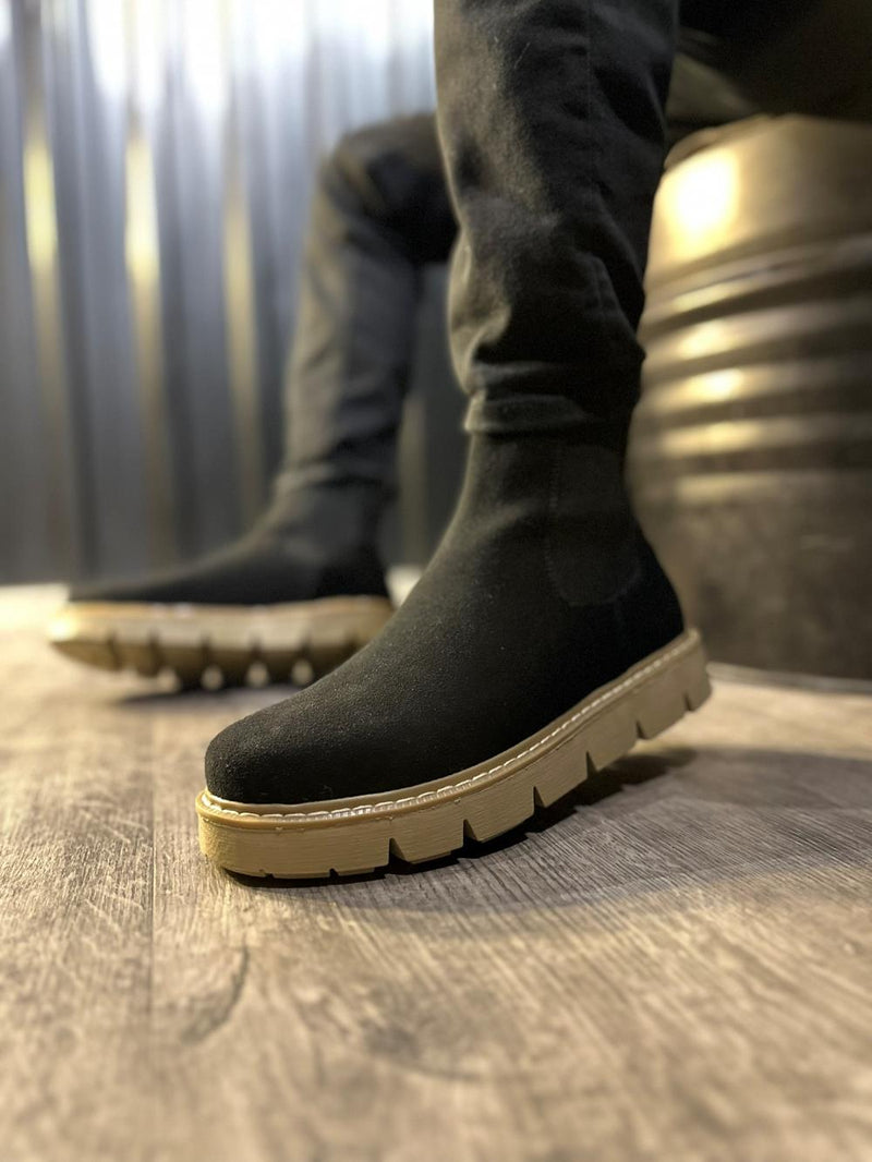 Men's High Sole Chelsea Boots 112 Black Suede (Beige Sole) - STREETMODE ™