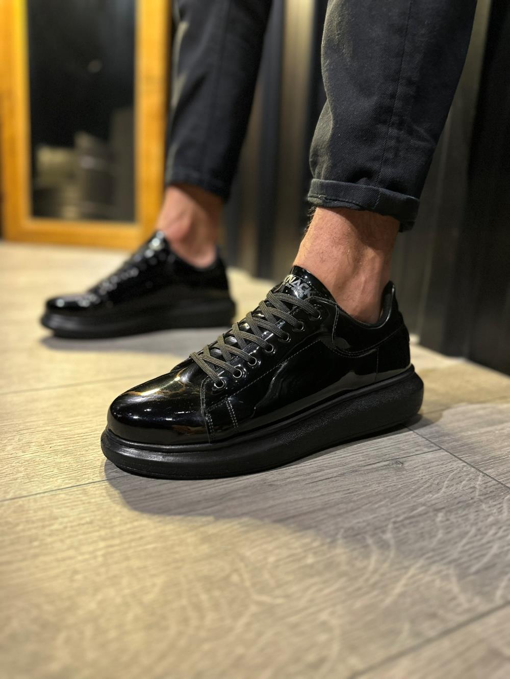 Men's High Sole Casual Shoes 044 Black Patent Leather (Black Sole) - STREETMODE ™