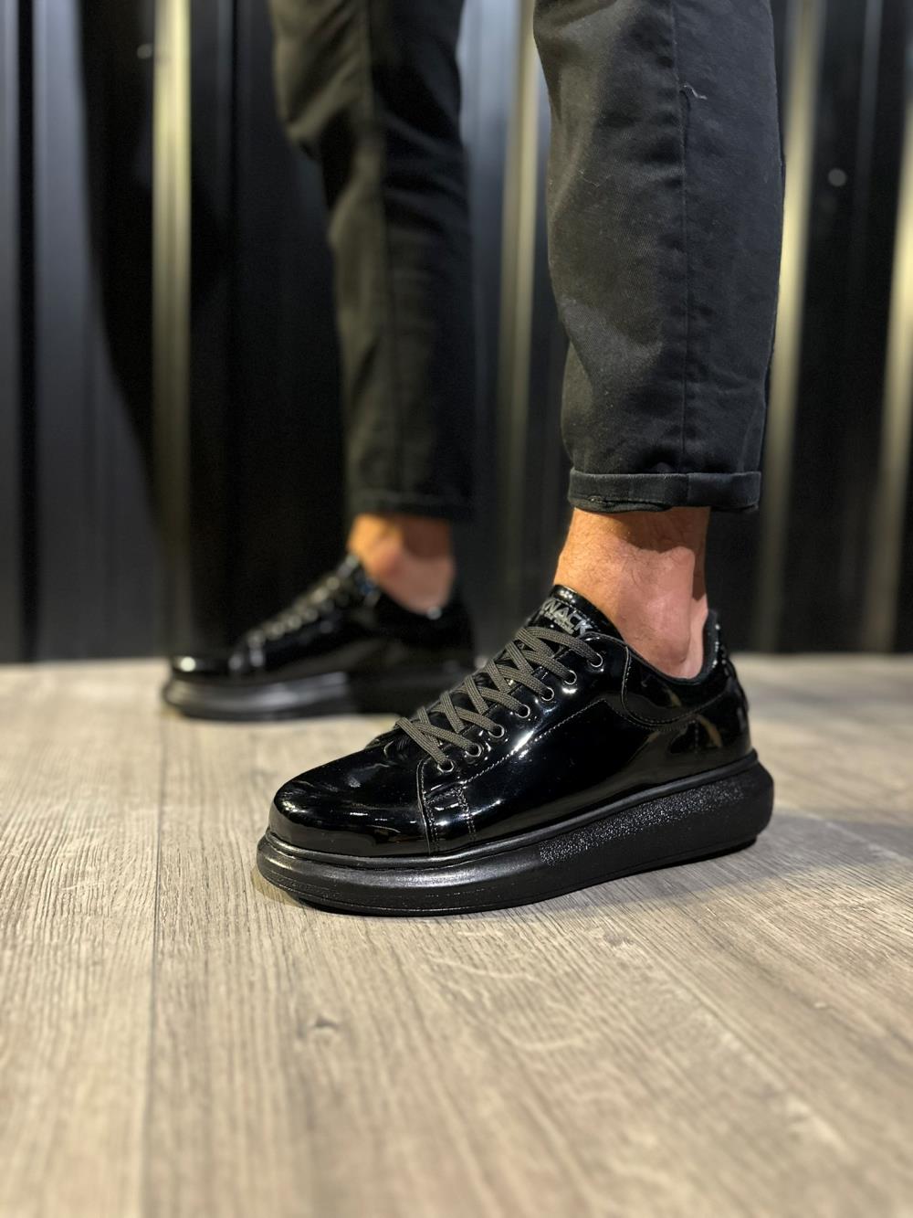 Men's High Sole Casual Shoes 044 Black Patent Leather (Black Sole) - STREETMODE ™