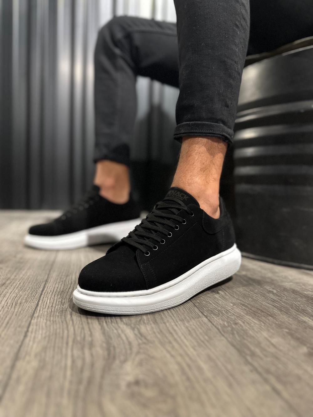 Men's High Sole Casual Shoes 044 Black Suede (White Sole) - STREETMODE ™