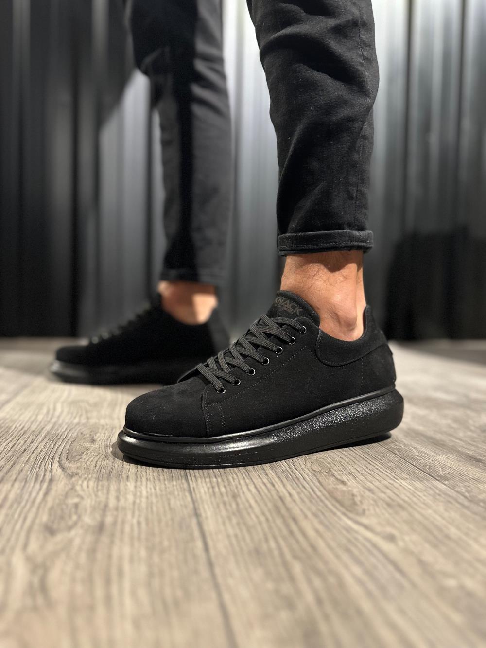 Men's High Sole Casual Shoes 044 Black Suede (Black Sole) - STREETMODE ™