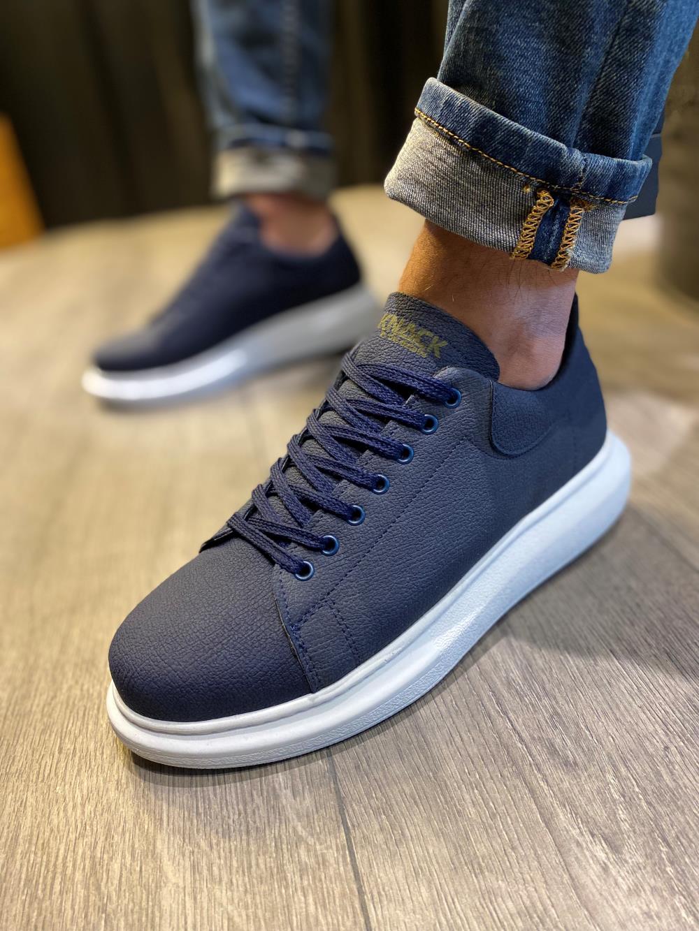 Men's High Sole Casual Shoes 045 Navy Blue (White Sole)