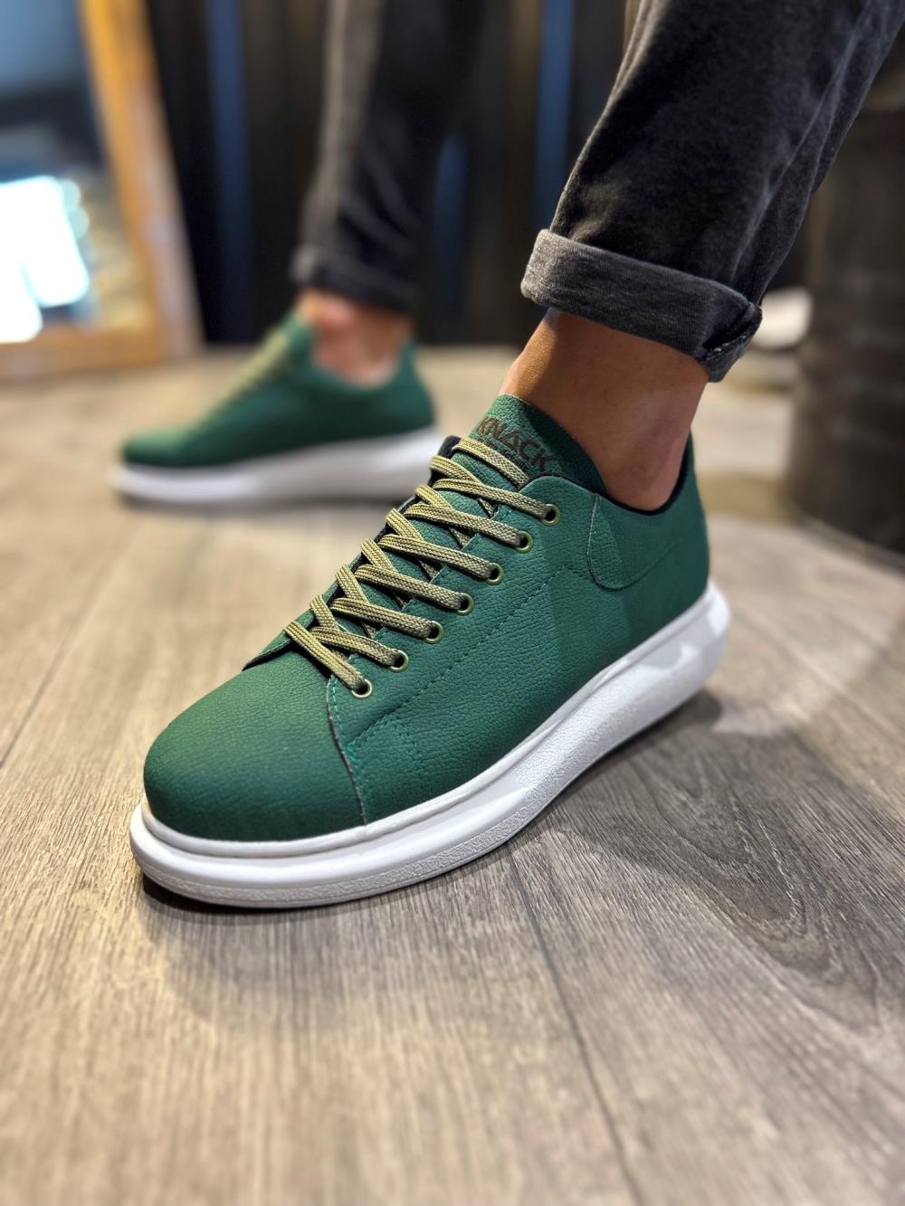 Men's High Sole Sneakers Casual Shoes 045 Green (White Sole) - STREETMODE ™