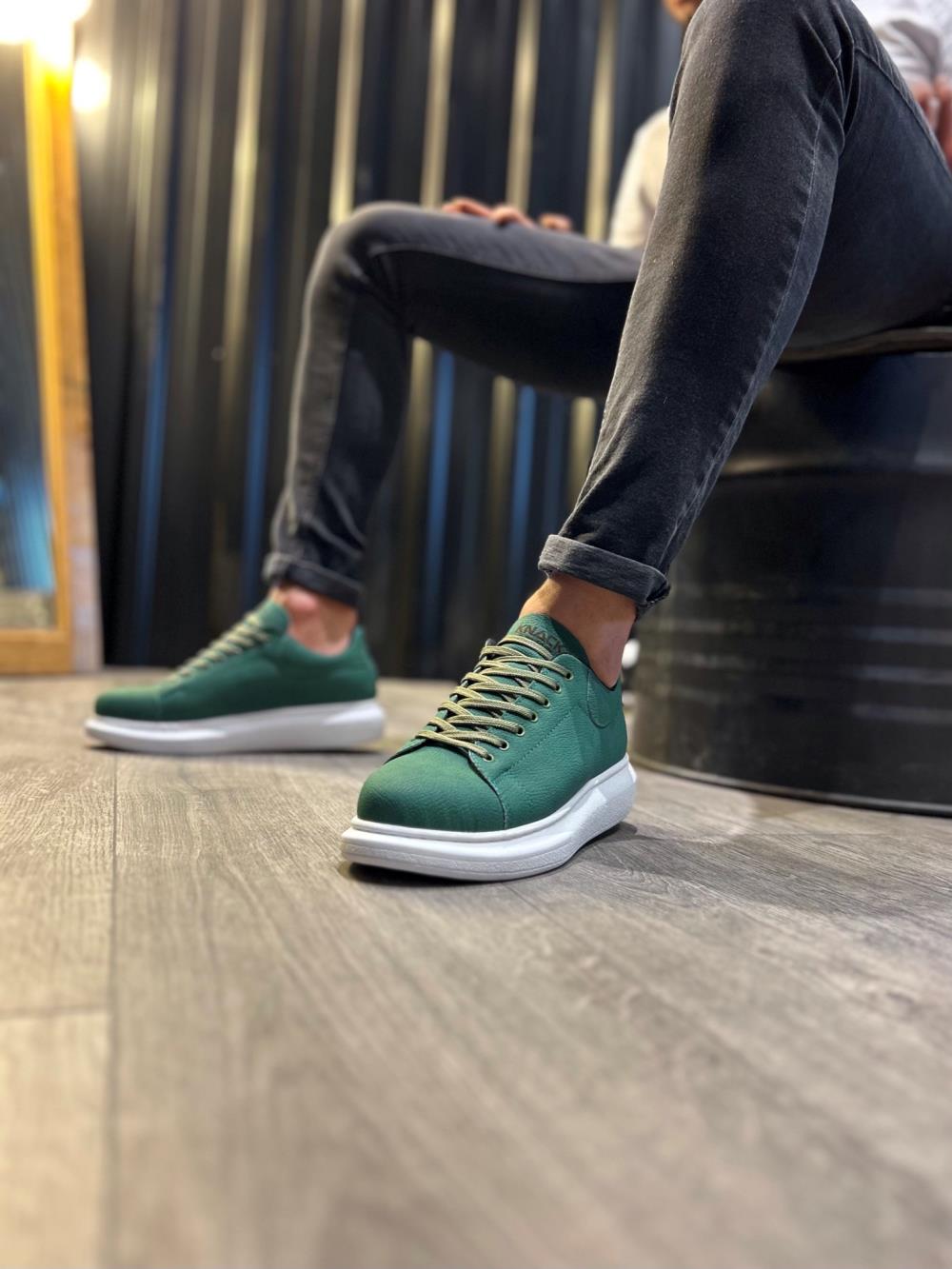 Men's High Sole Sneakers Casual Shoes 045 Green (White Sole) - STREETMODE ™