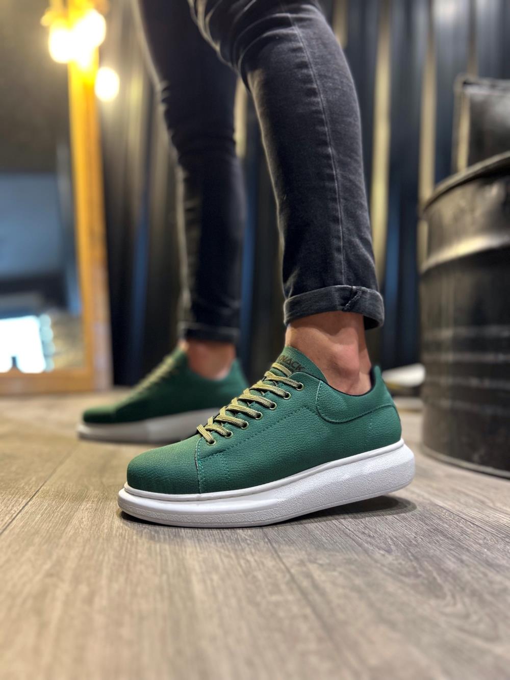 Men's High Sole Sneakers Casual Shoes 045 Green (White Sole) - STREETMODE ™