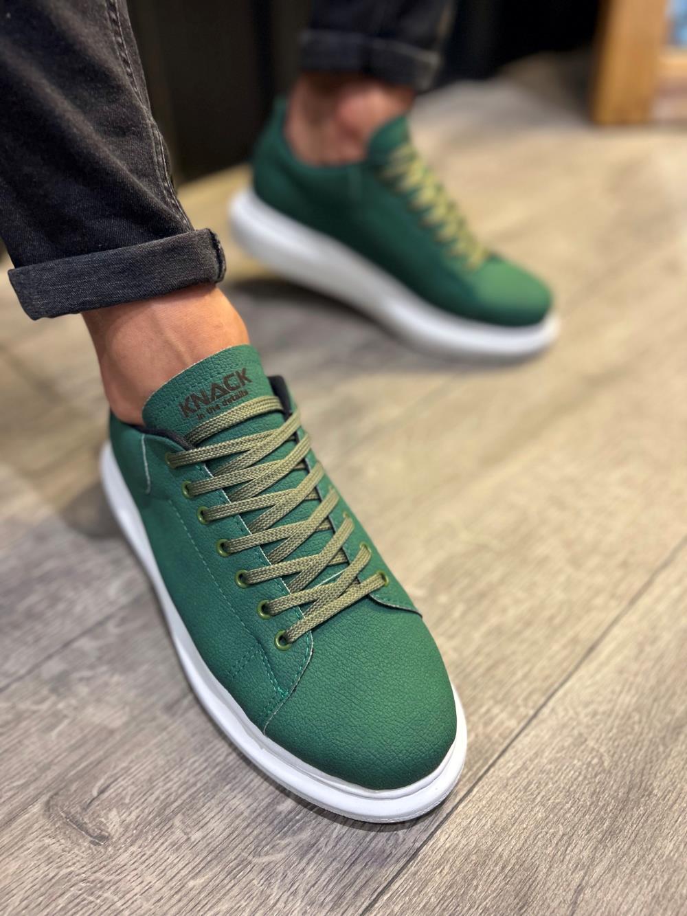 Men's High Sole Sneakers Casual Shoes 045 Green (White Sole) - STREETMODE ™