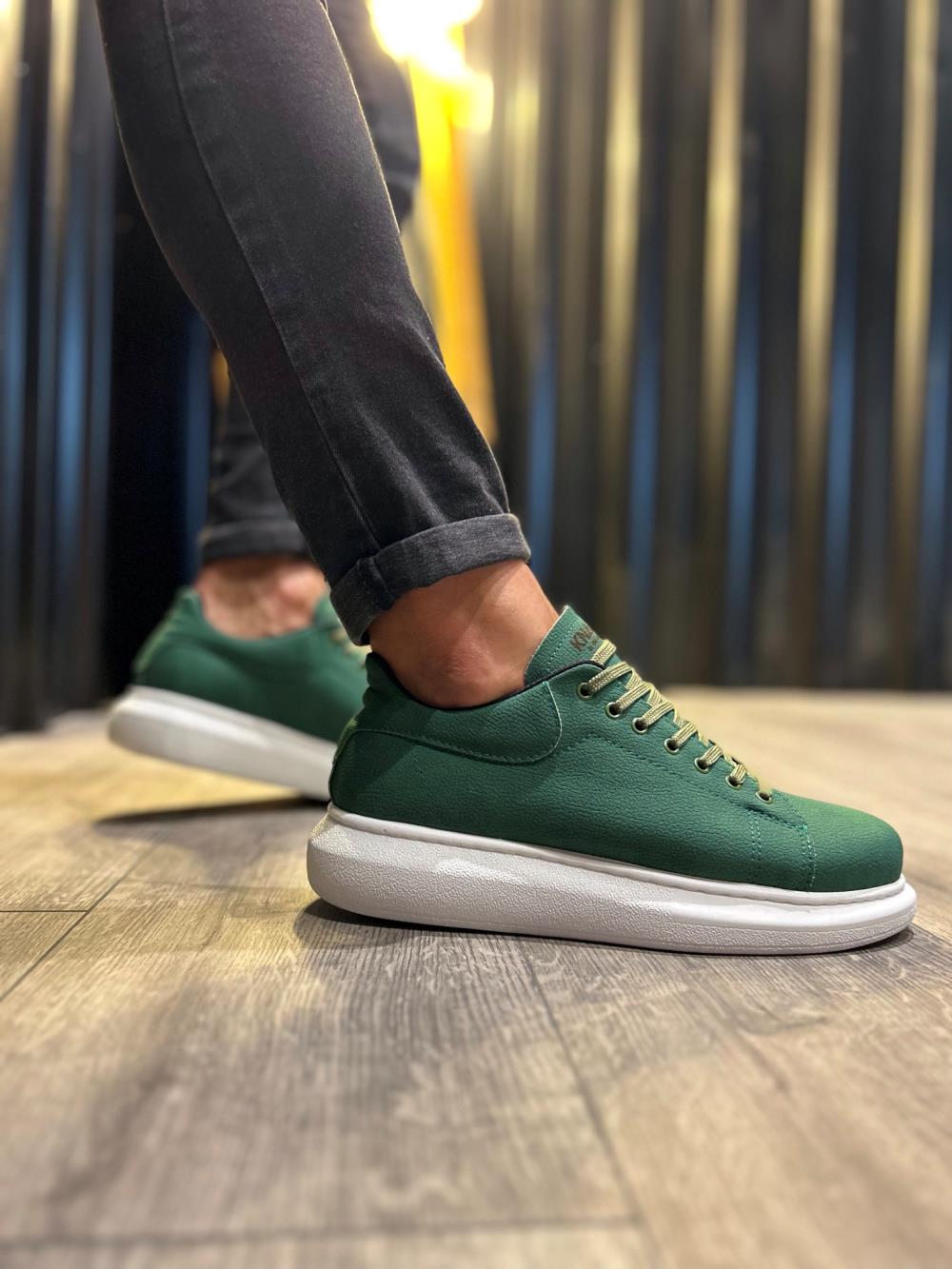 Men's High Sole Sneakers Casual Shoes 045 Green (White Sole) - STREETMODE ™