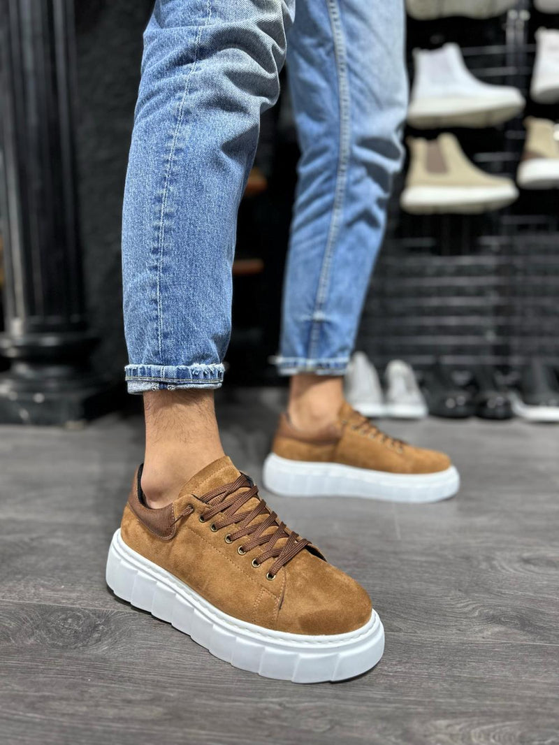 Men's High Sole Casual Suede Shoes 144 Tan - STREETMODE ™