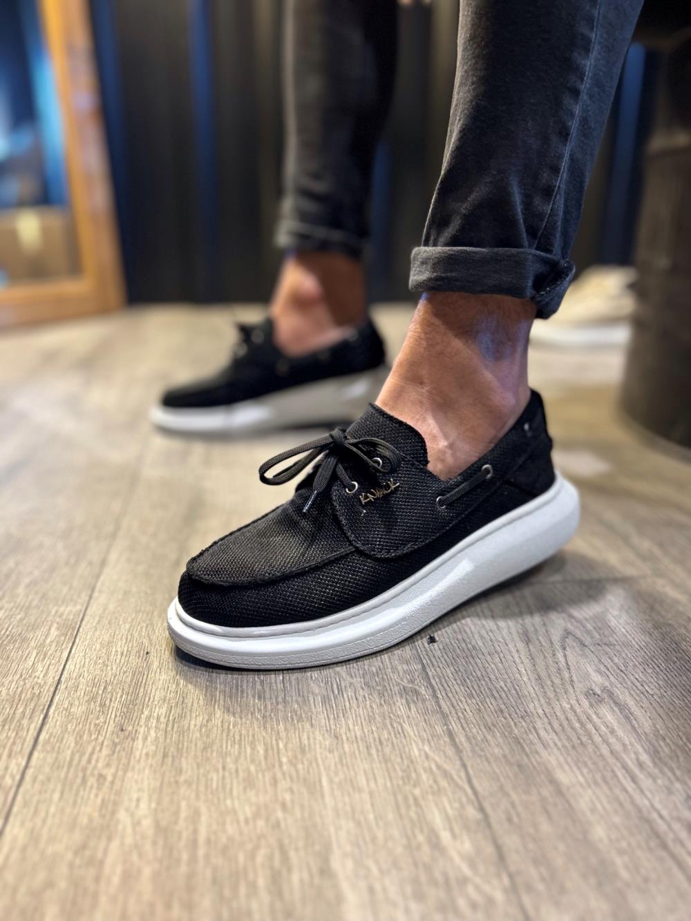 Men's High-Sole Seasonal Linen Shoes 009 Black (White Sole) - STREETMODE ™